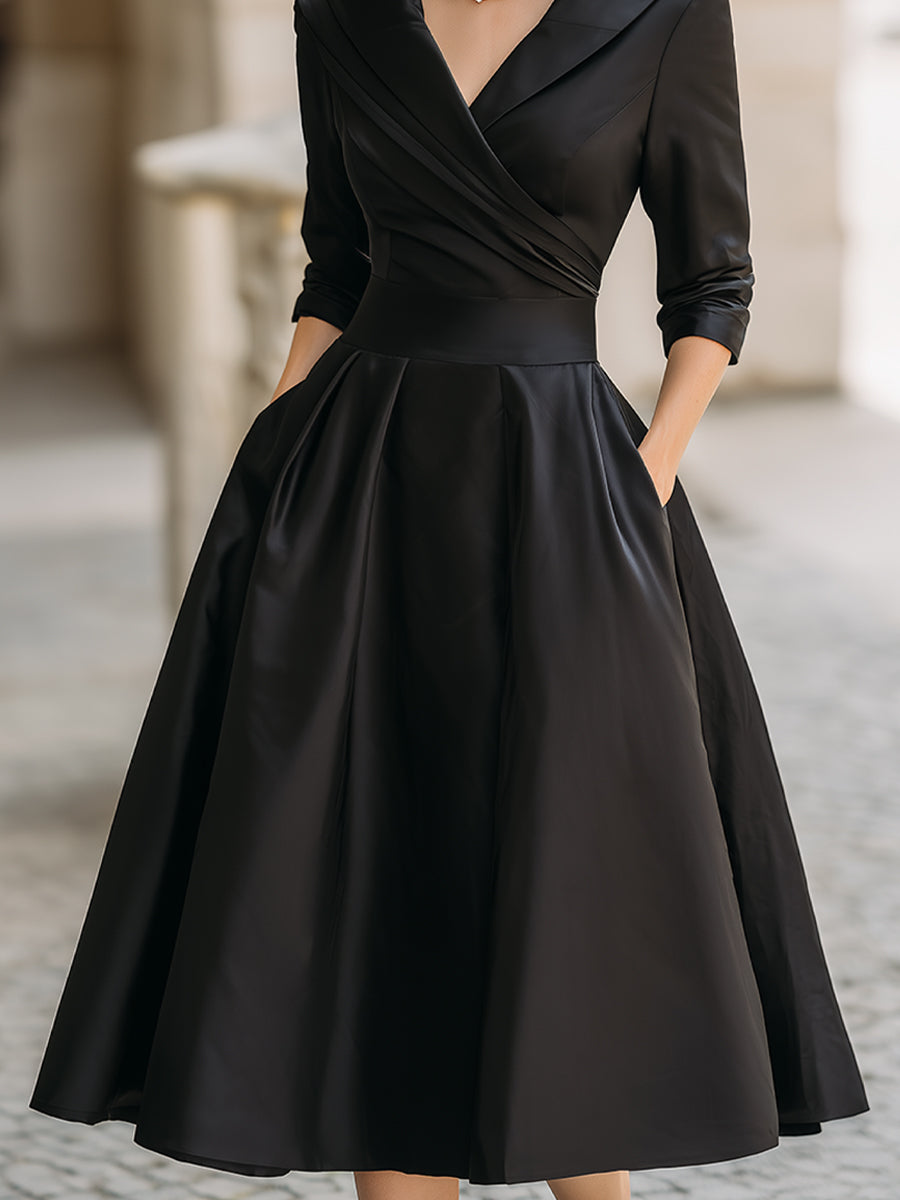 Emma | Elegant Wrap Neckline Flared Midi Dress for Wedding Guests - Eliza-Warszawa