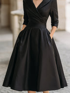 Emma | Elegant Wrap Neckline Flared Midi Dress for Wedding Guests - Eliza-Warszawa