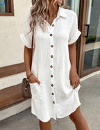 Emma | Flattering V-Neck Cotton Summer Shirt Dress with Pockets - Eliza-Warszawa
