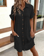 Emma | Flattering V-Neck Cotton Summer Shirt Dress with Pockets - Eliza-Warszawa