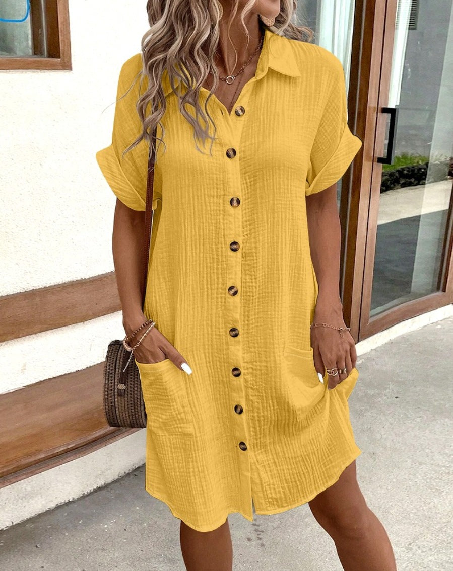 Emma | Flattering V-Neck Cotton Summer Shirt Dress with Pockets - Eliza-Warszawa