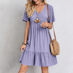 Emma | Flowy Layered V-Neck Relaxed Fit White Summer Dress - Eliza-Warszawa
