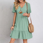 Emma | Flowy Layered V-Neck Relaxed Fit White Summer Dress - Eliza-Warszawa