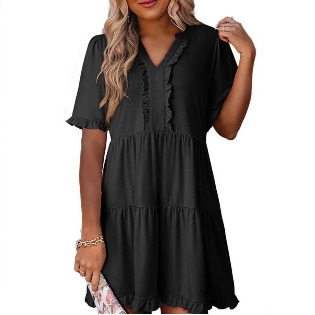 Emma | Solid Color V-Neck Relaxed Fit Women's Mini Dress - Eliza-Warszawa