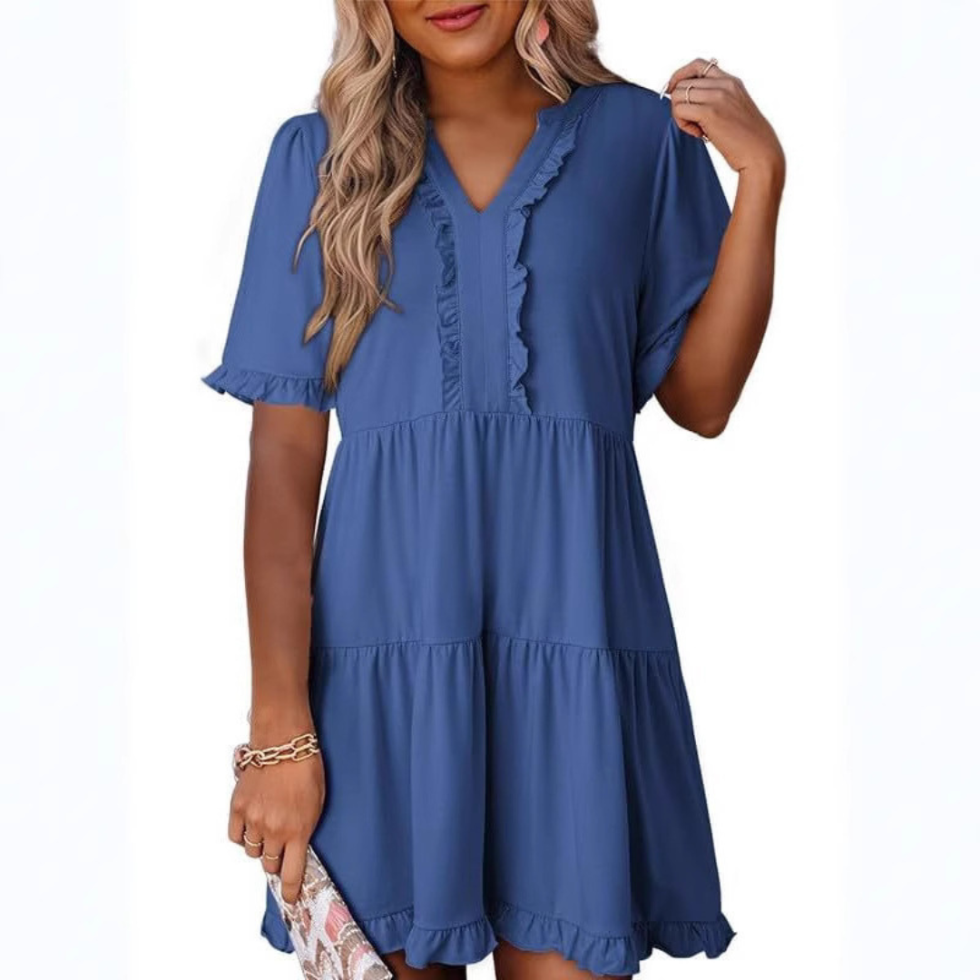 Emma | Solid Color V-Neck Relaxed Fit Women's Mini Dress - Eliza-Warszawa
