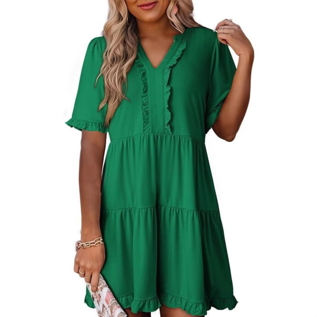 Emma | Solid Color V-Neck Relaxed Fit Women's Mini Dress - Eliza-Warszawa