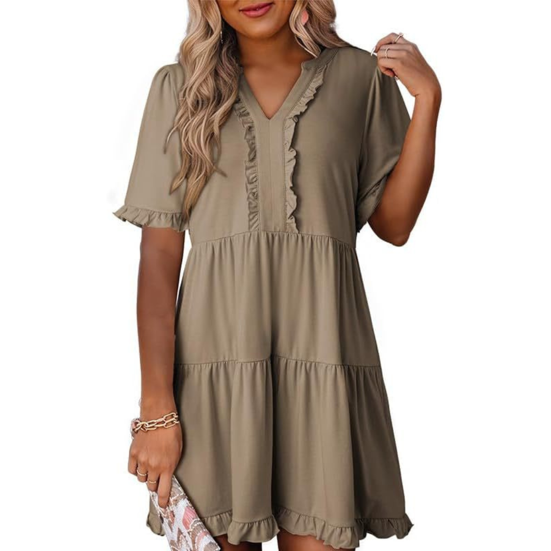 Emma | Solid Color V-Neck Relaxed Fit Women's Mini Dress - Eliza-Warszawa