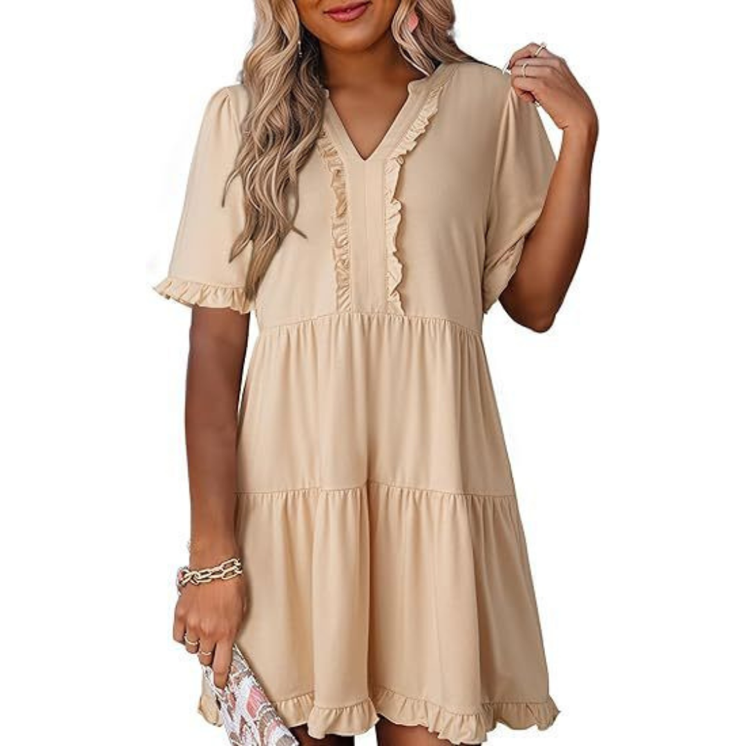 Emma | Solid Color V-Neck Relaxed Fit Women's Mini Dress - Eliza-Warszawa