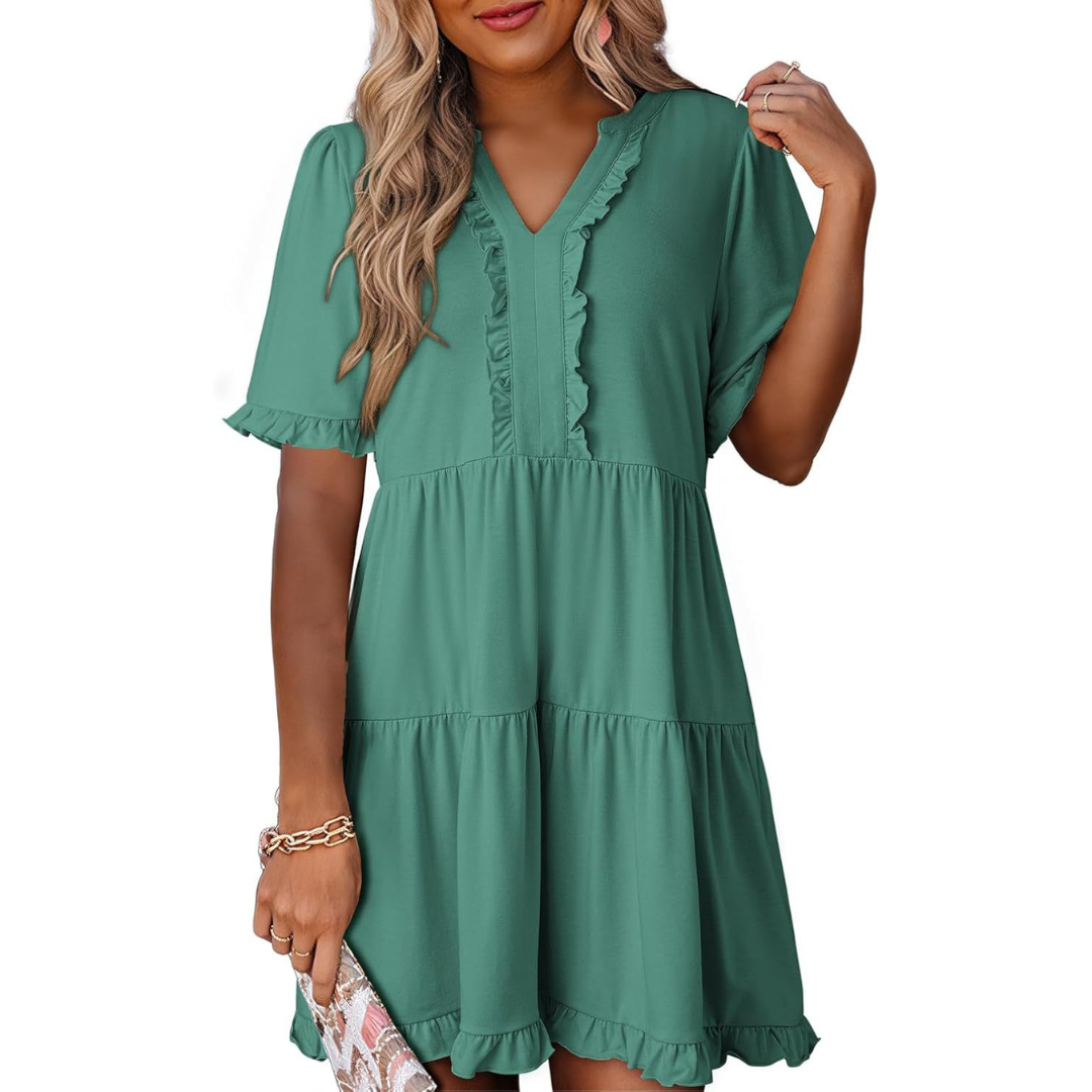 Emma | Solid Color V-Neck Relaxed Fit Women's Mini Dress - Eliza-Warszawa