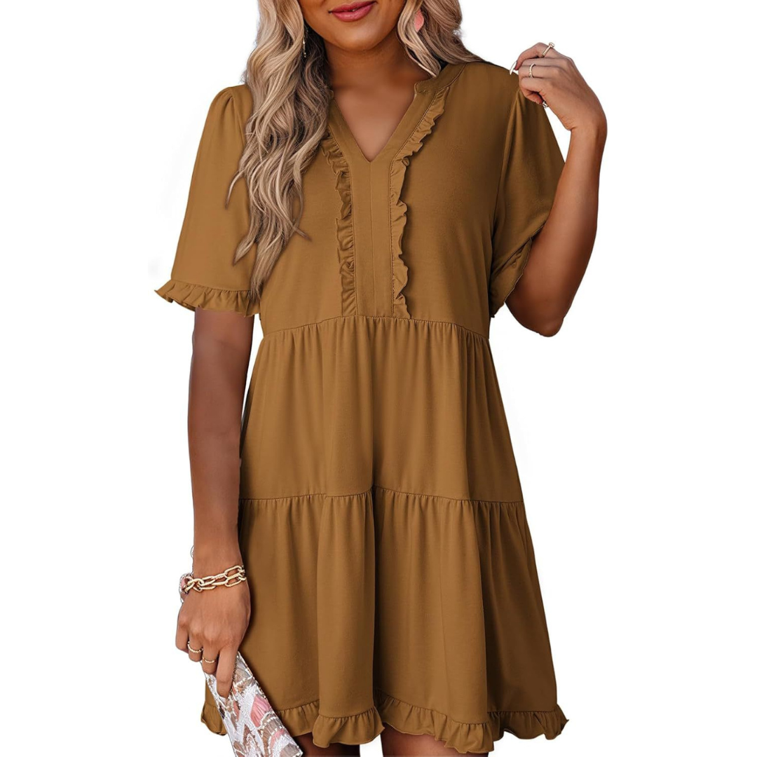 Emma | Solid Color V-Neck Relaxed Fit Women's Mini Dress - Eliza-Warszawa