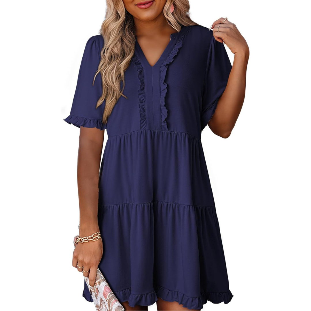 Emma | Solid Color V-Neck Relaxed Fit Women's Mini Dress - Eliza-Warszawa