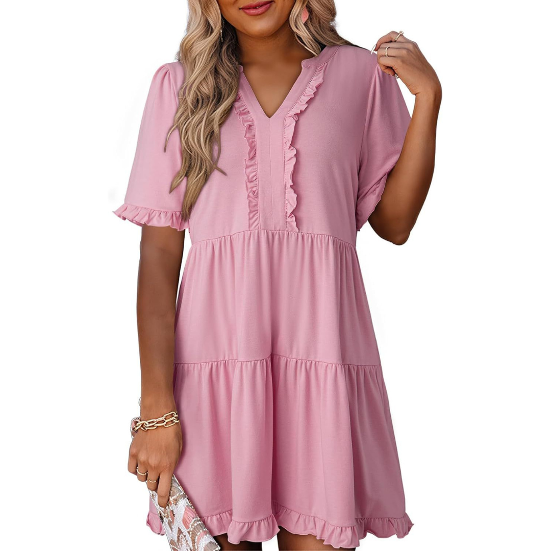 Emma | Solid Color V-Neck Relaxed Fit Women's Mini Dress - Eliza-Warszawa