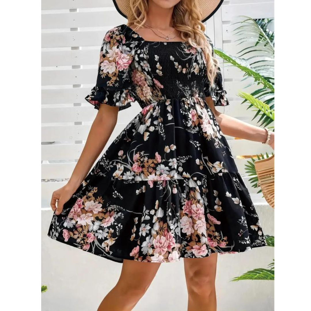 Emma | Vintage Floral Print Flounce Sleeve Relaxed Fit Dress - Eliza-Warszawa