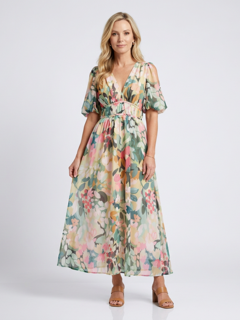 Eulalie | Short-Sleeve Midi Dress with a Fitted V-Waist - Eliza-Warszawa