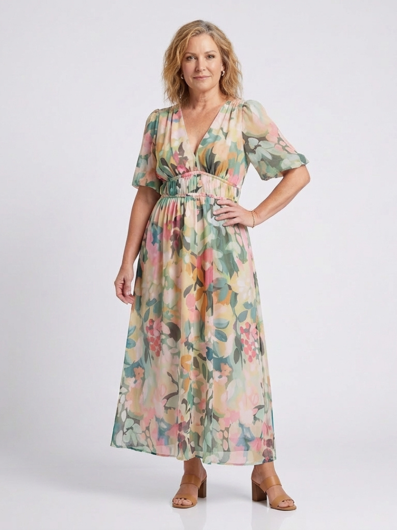 Eulalie | Short-Sleeve Midi Dress with a Fitted V-Waist - Eliza-Warszawa