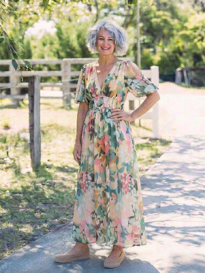 Eulalie | Short-Sleeve Midi Dress with a Fitted V-Waist - Eliza-Warszawa