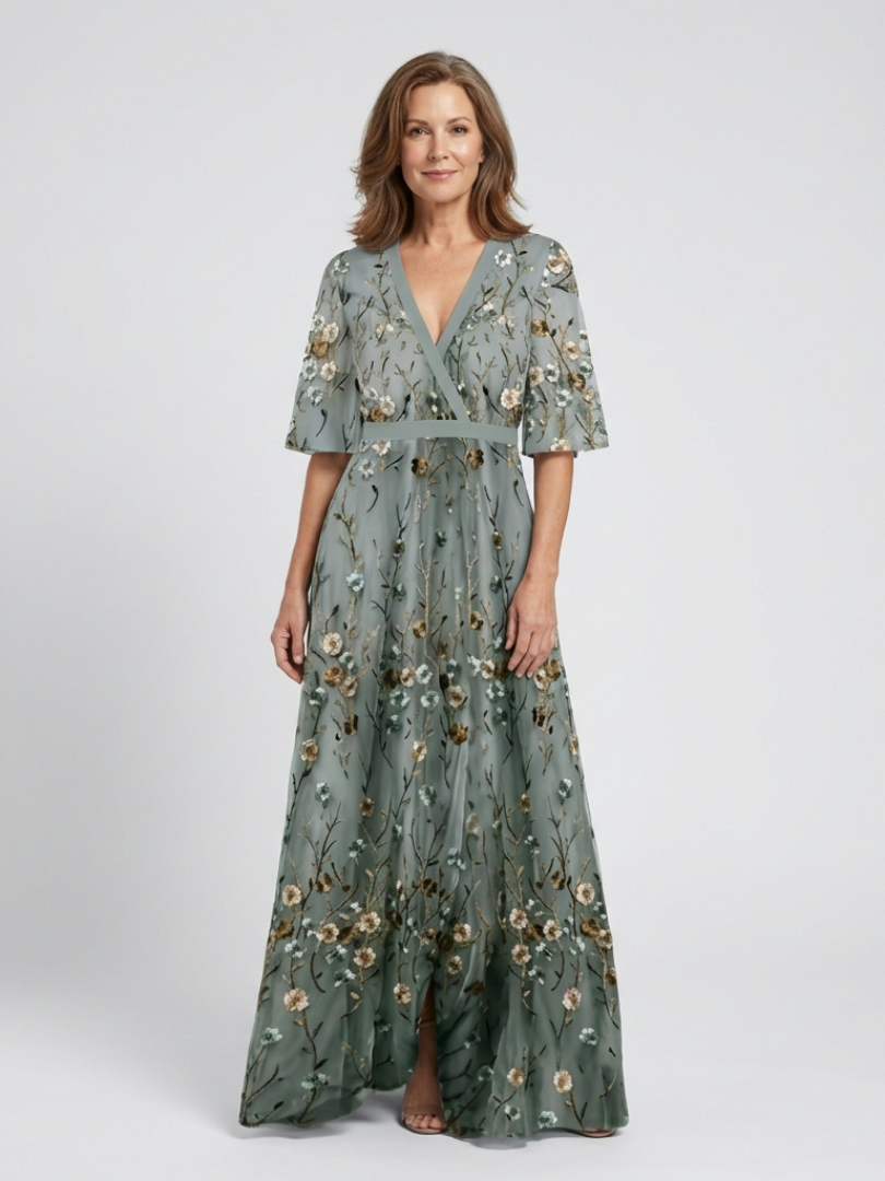 Evadne | Embroidered Maxi Dress with V-Neck - Eliza-Warszawa