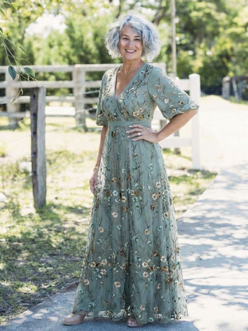 Evadne | Embroidered Maxi Dress with V-Neck - Eliza-Warszawa