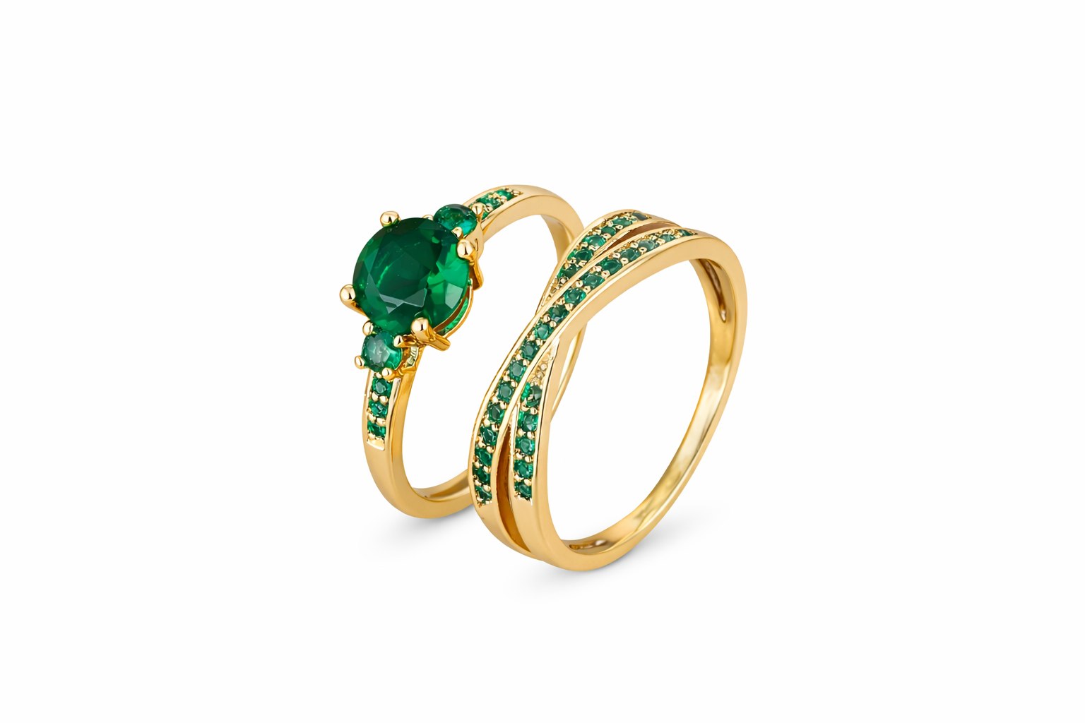 Exclusive Gold Ring Set with Green Crystals