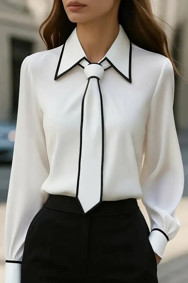 Fashion Contrast Tie Long-sleeved Casual Shirt