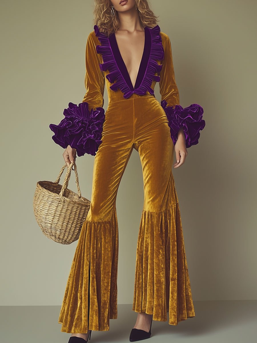 Fashion Party Purple Ruffle Long Sleeve Flared Gold Velvet Jumpsuit - Eliza-Warszawa
