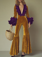 Fashion Party Purple Ruffle Long Sleeve Flared Gold Velvet Jumpsuit - Eliza-Warszawa