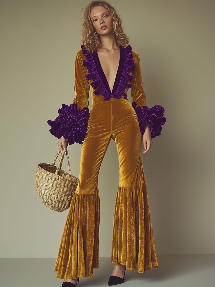 Fashion Party Purple Ruffle Long Sleeve Flared Gold Velvet Jumpsuit - Eliza-Warszawa