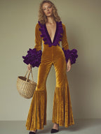 Fashion Party Purple Ruffle Long Sleeve Flared Gold Velvet Jumpsuit - Eliza-Warszawa