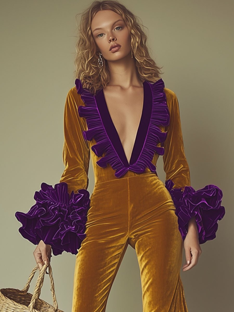 Fashion Party Purple Ruffle Long Sleeve Flared Gold Velvet Jumpsuit - Eliza-Warszawa