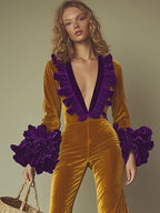 Fashion Party Purple Ruffle Long Sleeve Flared Gold Velvet Jumpsuit - Eliza-Warszawa
