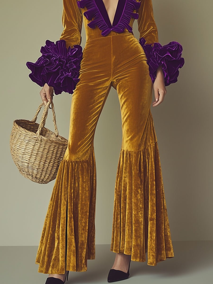 Fashion Party Purple Ruffle Long Sleeve Flared Gold Velvet Jumpsuit - Eliza-Warszawa