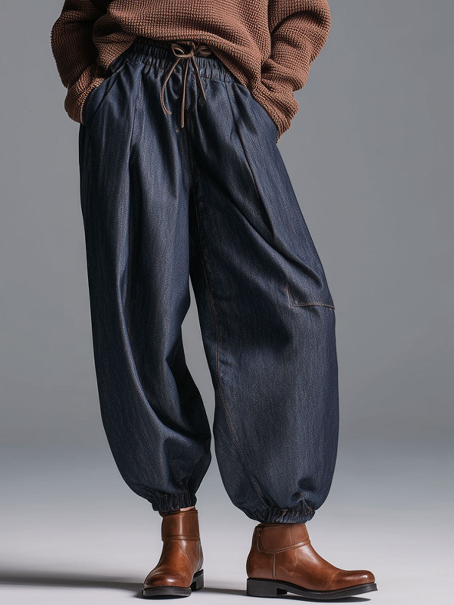 Fashion Retro Elastic Waist Navy Blue Lantern Jeans - Eliza-Warszawa