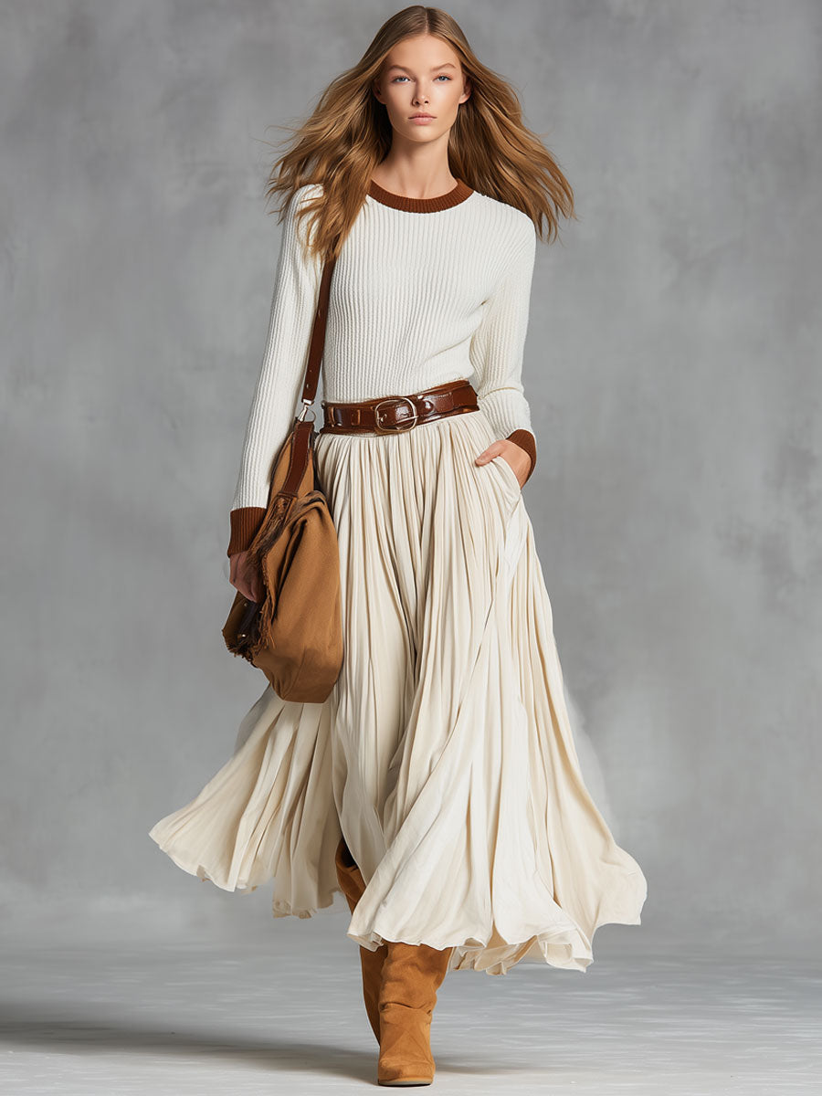 Fashionable And Simple Beige Velvet Lace-up Pocket Skirt - Eliza-Warszawa