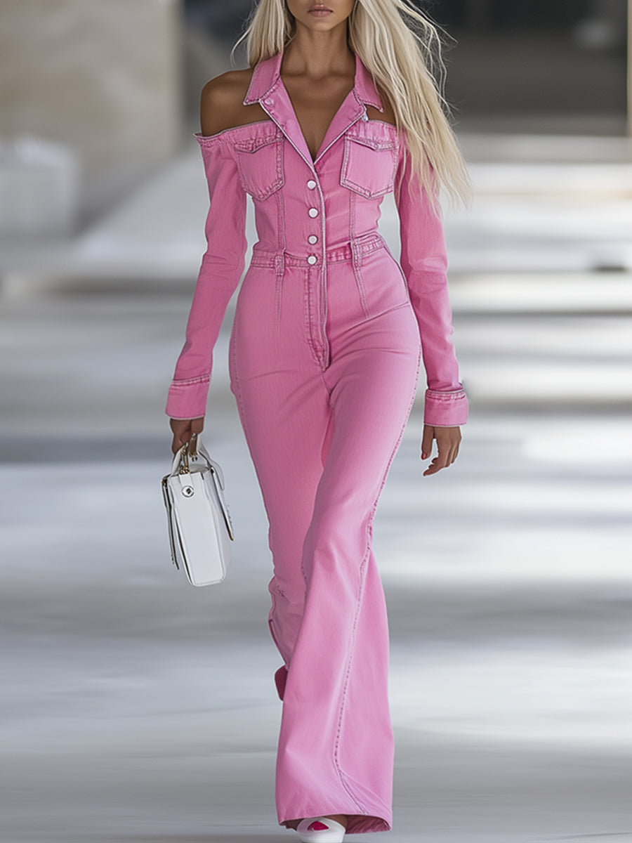 Fashionable Personalized Lapel Pink Denim Off-the-shoulder Long-sleeved Flared Jumpsuit - Eliza-Warszawa