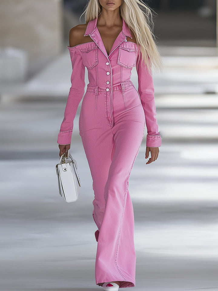 Fashionable Personalized Lapel Pink Denim Off-the-shoulder Long-sleeved Flared Jumpsuit