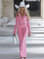 Fashionable Personalized Lapel Pink Denim Off-the-shoulder Long-sleeved Flared Jumpsuit - Eliza-Warszawa