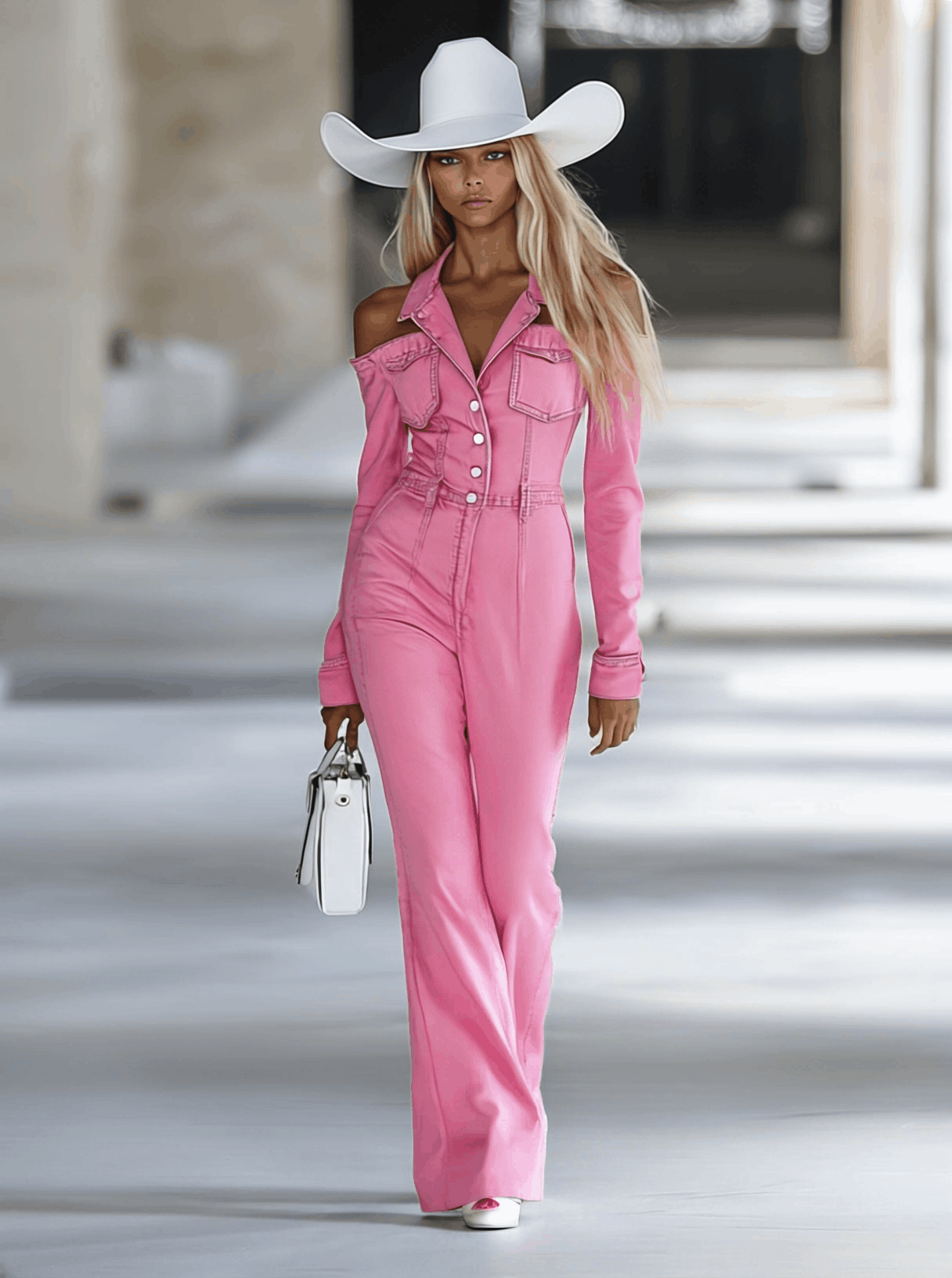 Fashionable Personalized Lapel Pink Denim Off-the-shoulder Long-sleeved Flared Jumpsuit - Eliza-Warszawa