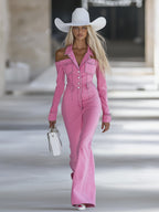 Fashionable Personalized Lapel Pink Denim Off-the-shoulder Long-sleeved Flared Jumpsuit - Eliza-Warszawa
