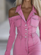 Fashionable Personalized Lapel Pink Denim Off-the-shoulder Long-sleeved Flared Jumpsuit - Eliza-Warszawa