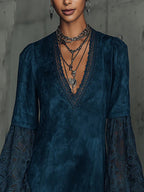 Faux Suede Flared Sleeve Lace Mini Dress - Eliza-Warszawa