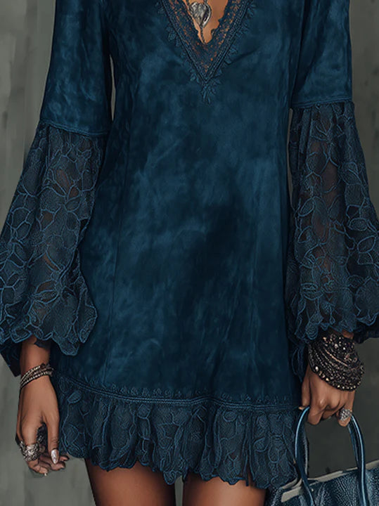 Faux Suede Flared Sleeve Lace Mini Dress - Eliza-Warszawa