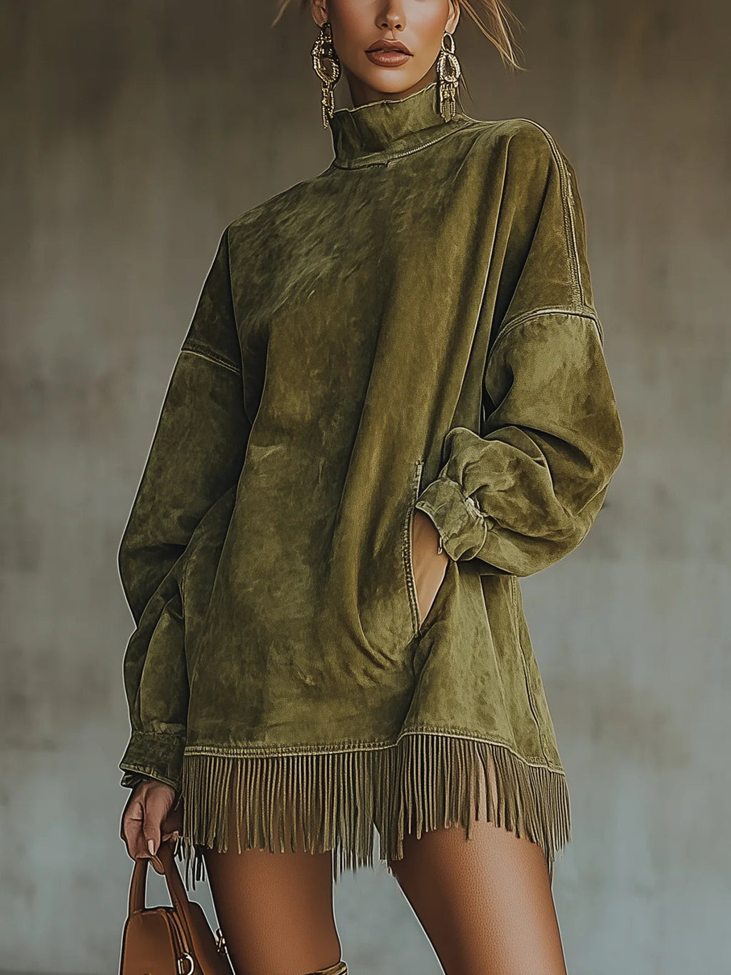 Faux Suede Turtleneck Dress With Fringe Hem - Eliza-Warszawa
