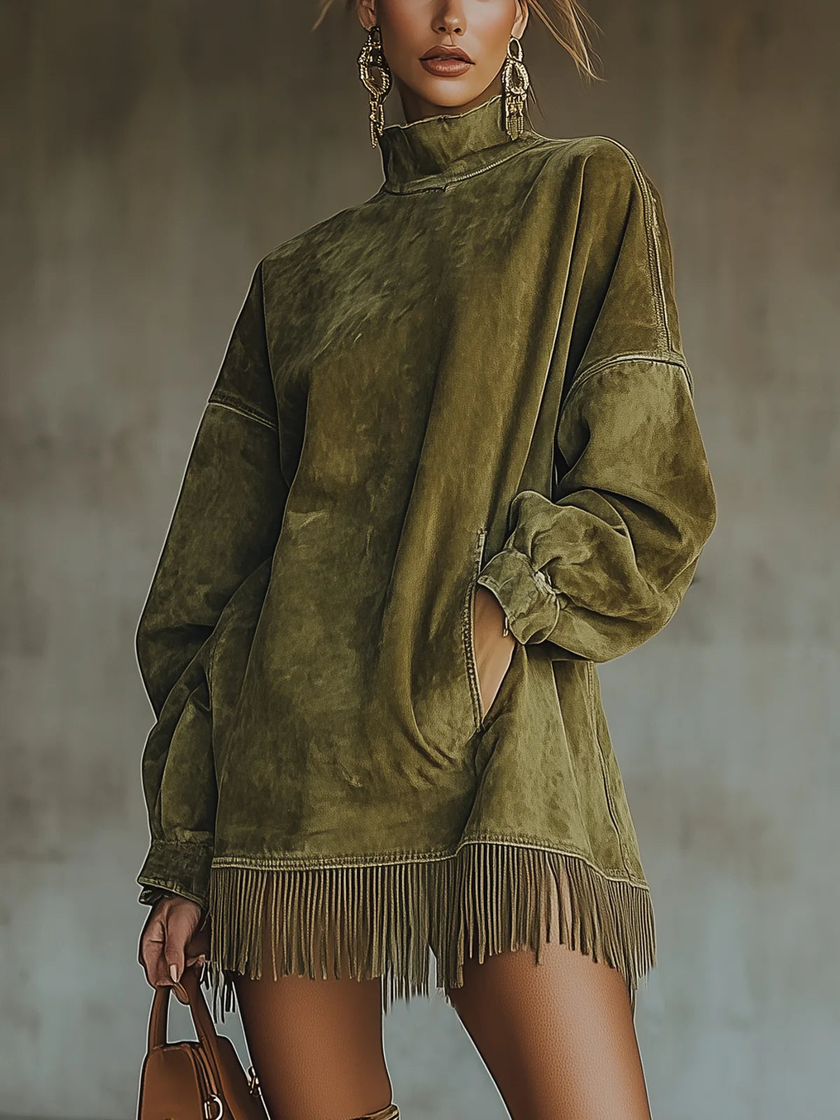 Faux Suede Turtleneck Dress With Fringe Hem - Eliza-Warszawa
