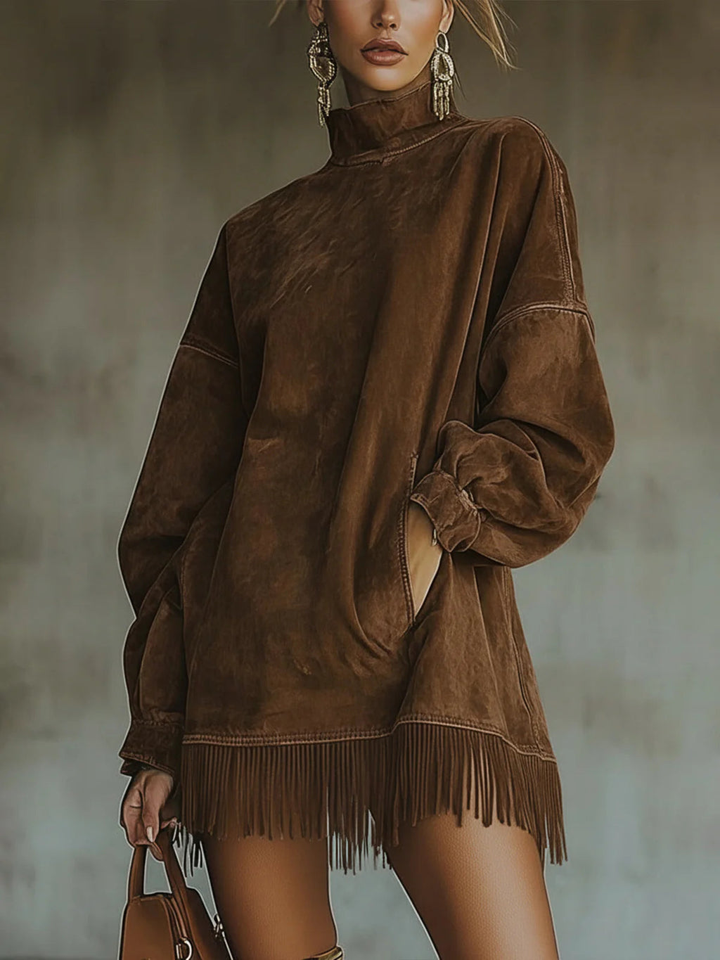 Faux Suede Turtleneck Dress With Fringe Hem - Eliza-Warszawa