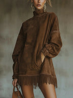 Faux Suede Turtleneck Dress With Fringe Hem - Eliza-Warszawa