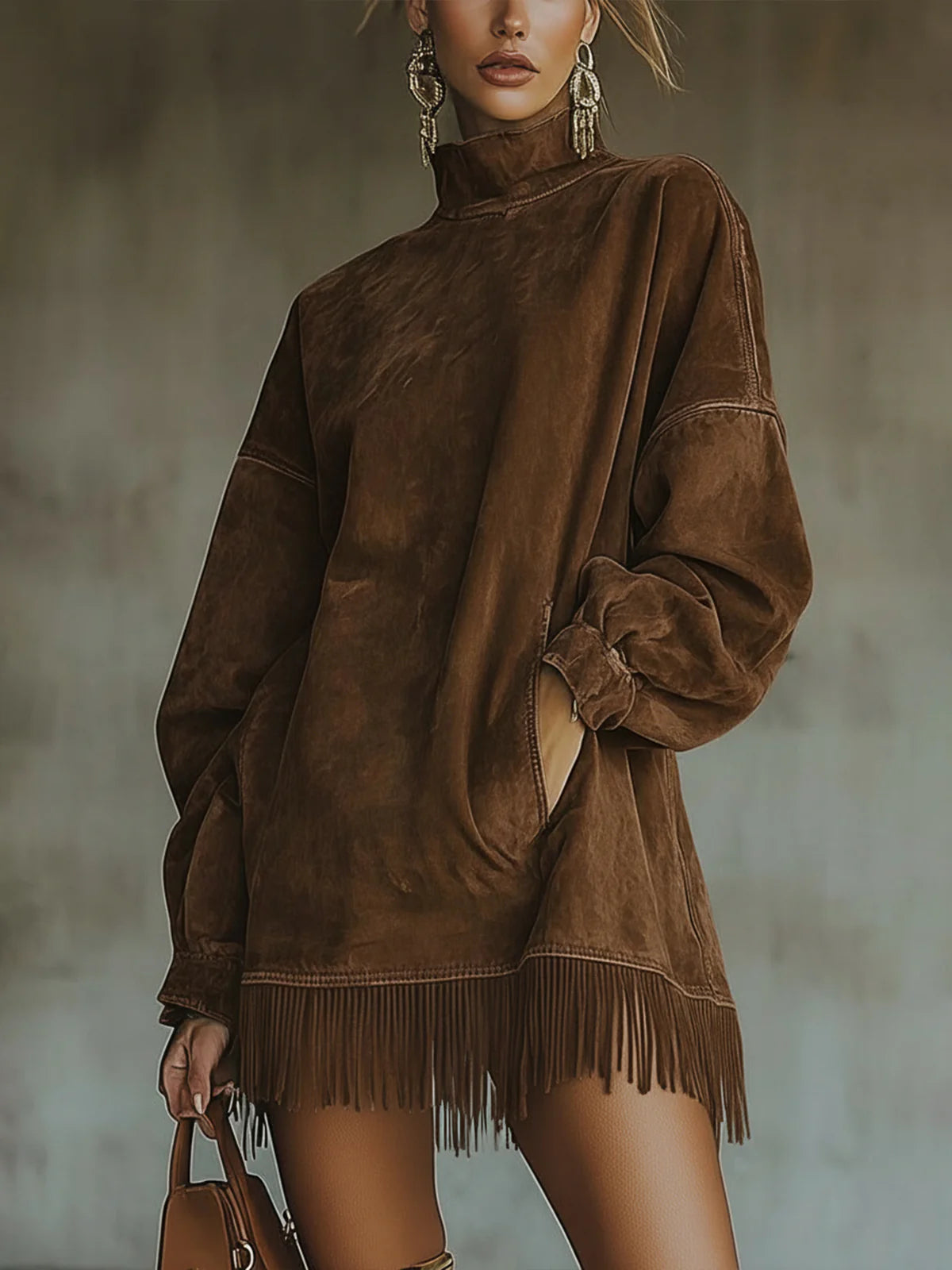 Faux Suede Turtleneck Dress With Fringe Hem - Eliza-Warszawa
