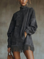 Faux Suede Turtleneck Dress With Fringe Hem - Eliza-Warszawa