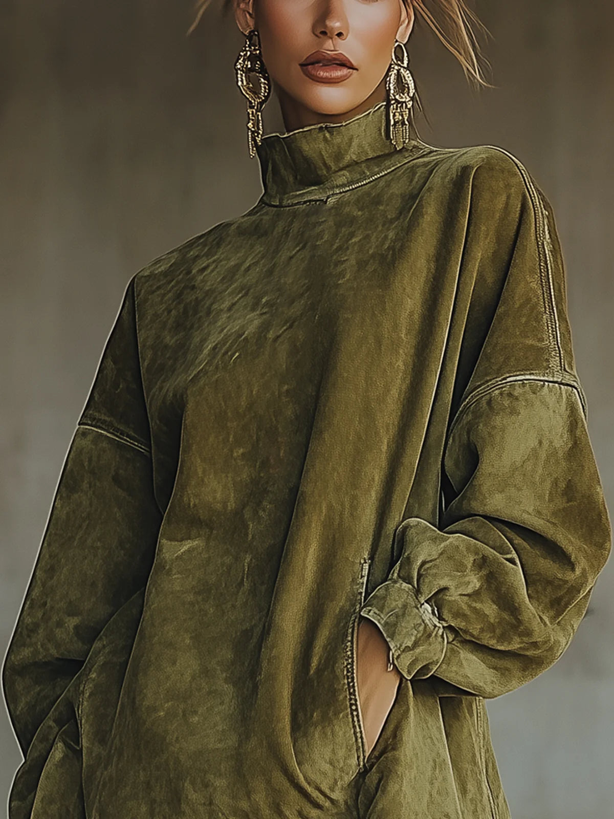 Faux Suede Turtleneck Dress With Fringe Hem - Eliza-Warszawa
