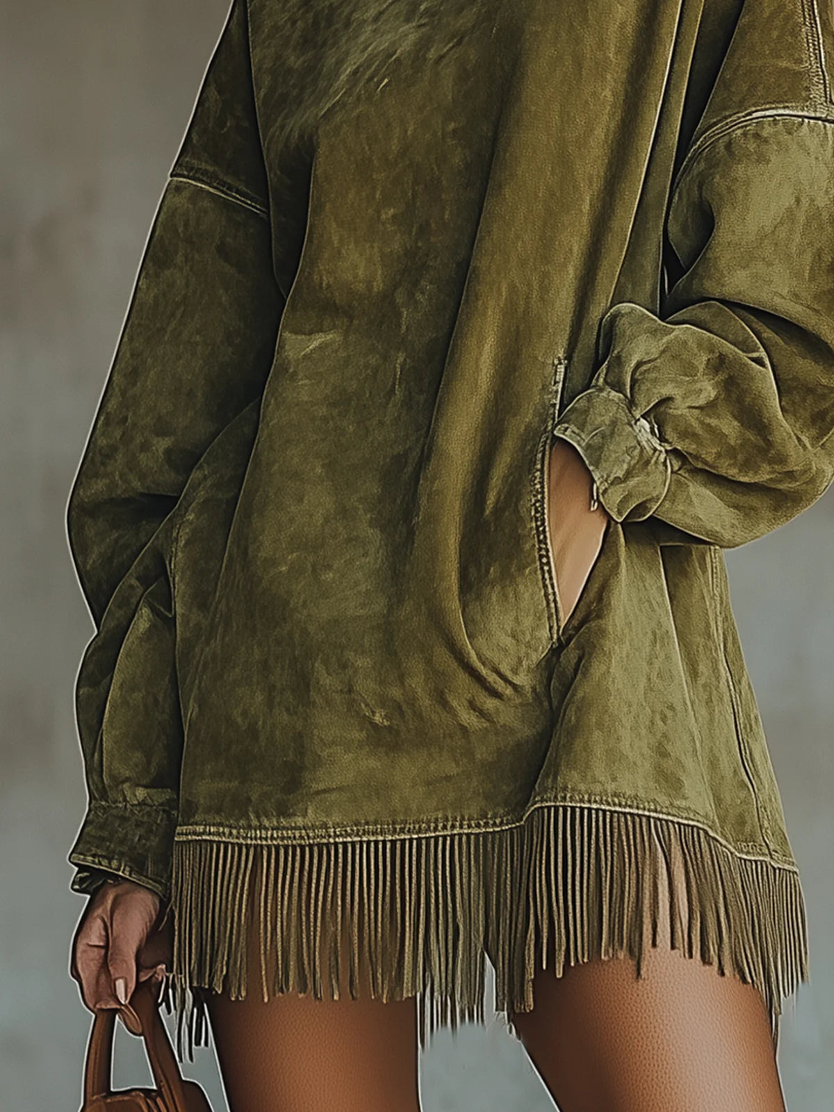 Faux Suede Turtleneck Dress With Fringe Hem - Eliza-Warszawa