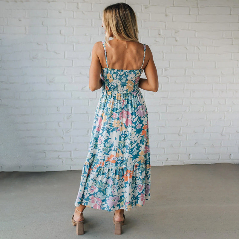 Floral Maxi Dress Smocked Bodice Adjustable Straps - Eliza-Warszawa